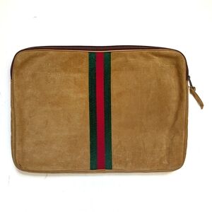 Tan Suede Laptop Document Bag Case with Stripe Detail